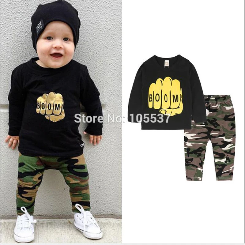 2016 Autumn New Long Sleeve Cartoon T-Shirt+Pant 2Pcs Boy Clothing Set black fleece Camouflage pants Children Clothing Set