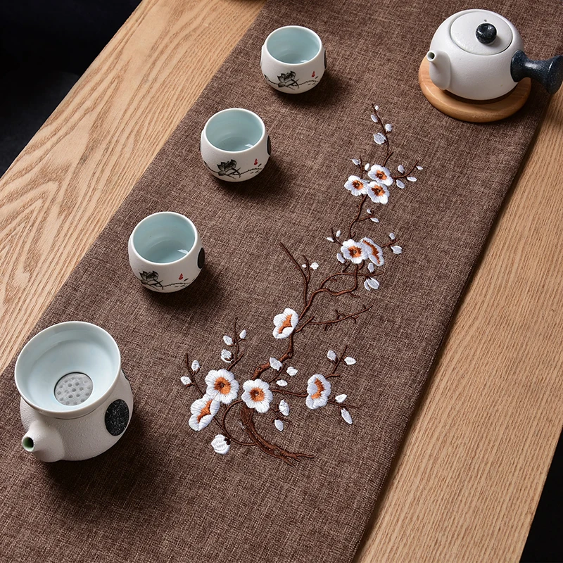 

Elegant Embroidered Table Runner Plum Blossom Embroidery Linen Table Runners for Tea Table Home Party Wedding Table Decor 1piece