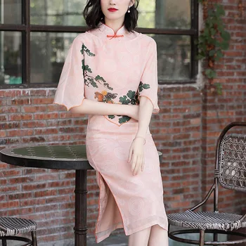 

Women Dress Set 2019 Spring Summer Sleeveless Cheongsams Dress + Chinese Style Printed shawl Female Elegant 2 piece set women