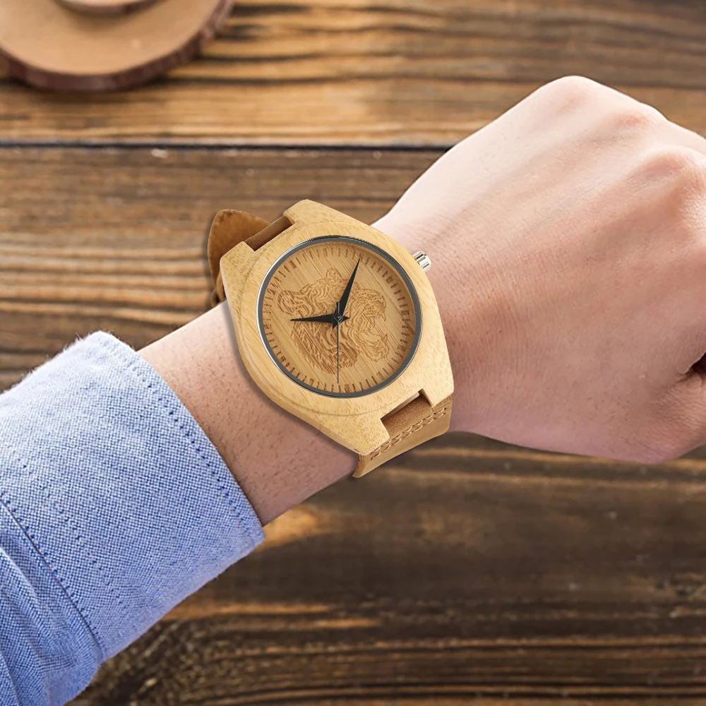 Tiger Head Theme Bamboo Wooden Wrist Watch Casual Nature Creative Wood Sport Quartz Watches Analog Clock for Men Women (14)