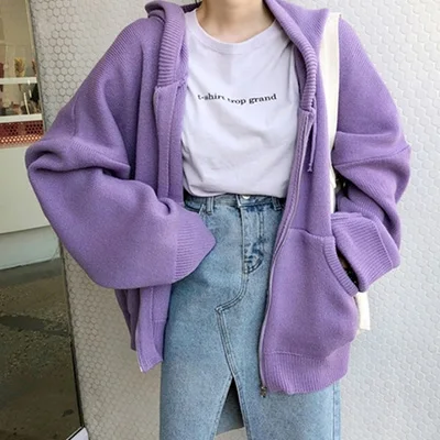 Fashion Korea Loose Sweater Woman New Autumn Simple Solid Color Hooded Knit Cardigan Elegant Bat Sleeve Long Cardigan Coat - Цвет: purple