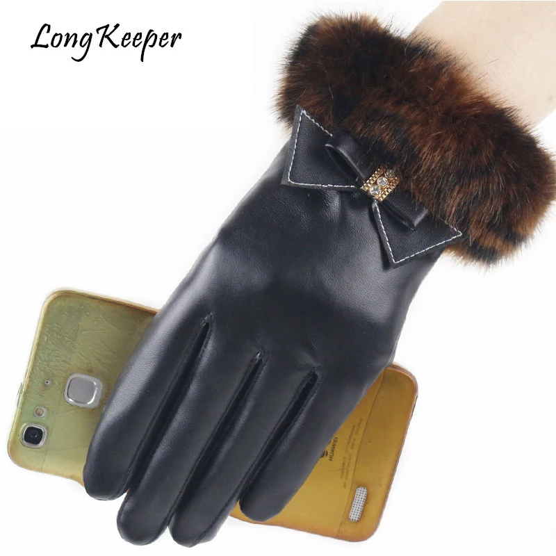 Long Keeper Women Mink Fur Gloves Leather Kiss Screen Gloves With Bowknot Ladies Sexy Cashmere