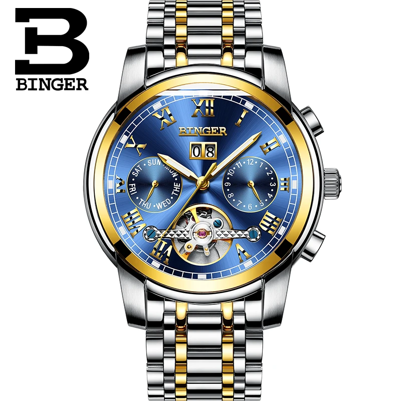 Модные спортивные часы Switzerland BINGER Tourbillon механические с календарем и сапфиром