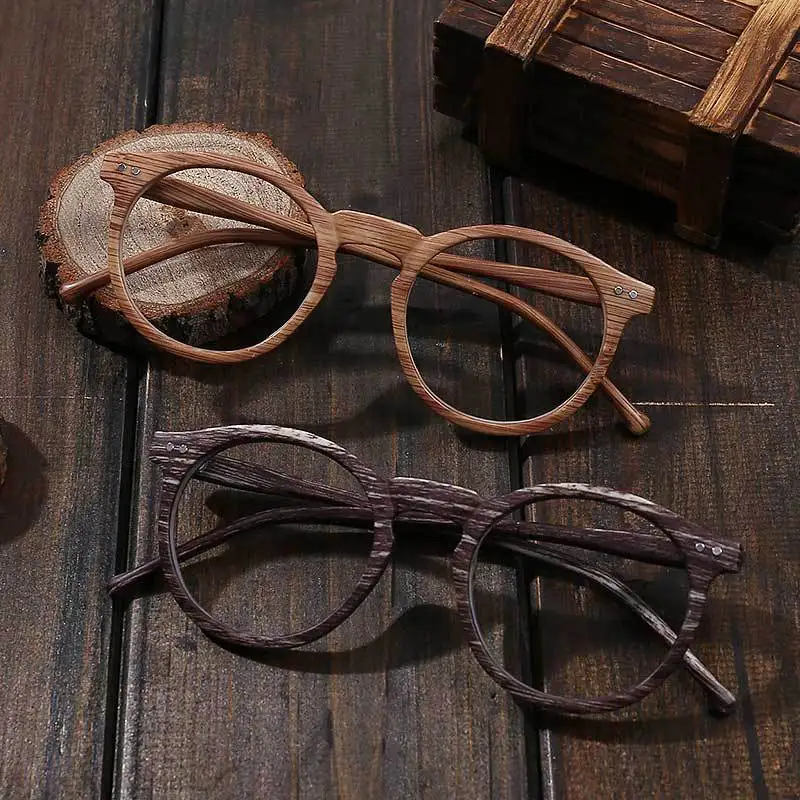 

Clear Lens Round Retro Wood Grain Color Glasses Myopia Frame PC Decoration Vintage Optical Glasses Frame For Men and Women