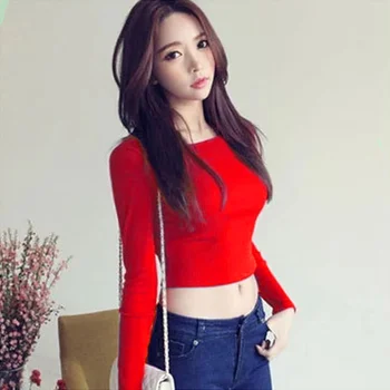 

Women Long Sleeves T-shirt Crop Tops Round Neck T-shirt Slim Fit Tops -MX8