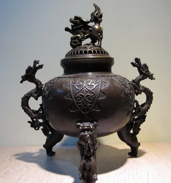 

Collectible bronze lion statue S0355 China Fane Bronze Copper Dragon Unicorn kylin Foo Dog Lion Incense Burner Censer B0403