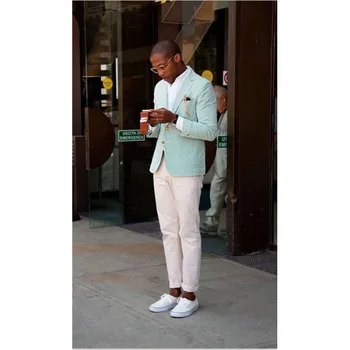 

2017 Fashion Mint Green Men wedding Suits Blazer With Ivory Pants masculino Mens Suit Summer Skinny Young Men Daily smoking Wear