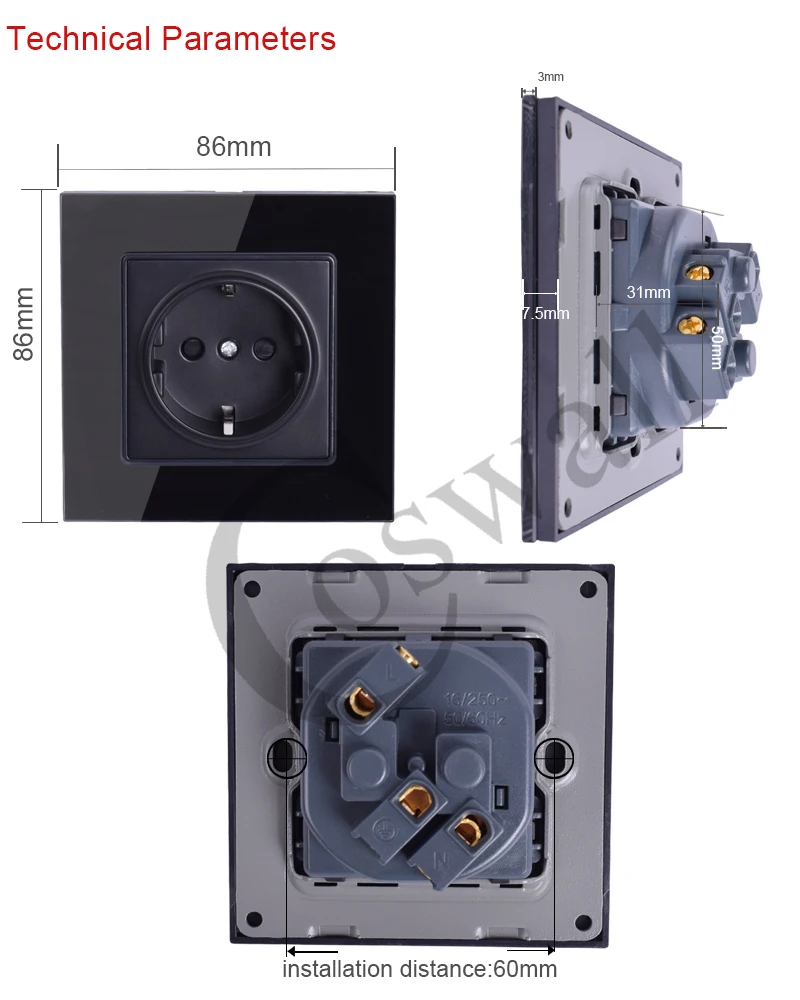Coswall стены кристалл стекло Панель мощность разъем заземлен, 16A черный ЕС Стандартный электрическая розетка 86 мм* 86 мм