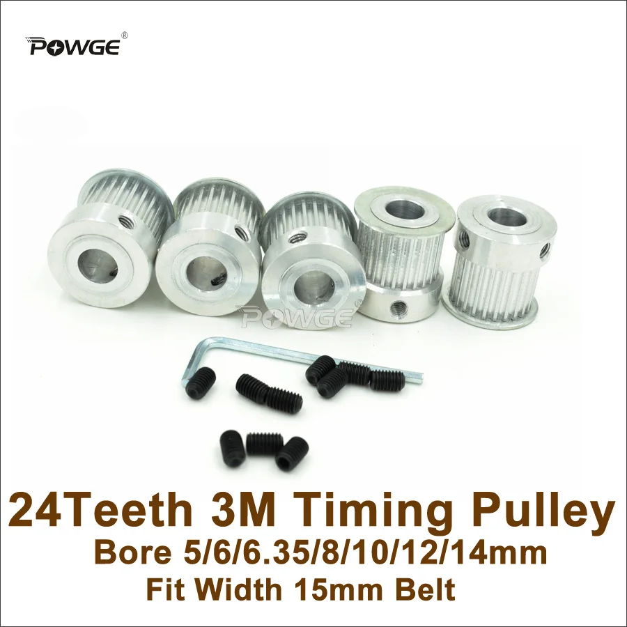 

POWGE 5pcs 24 Teeth 3M Timing Pulley Bore 5/6/6.35/8/10/12/14mm Fit Width 15mm 3M Belt 24T 24Teeth 3M Pulley Engraving Machine