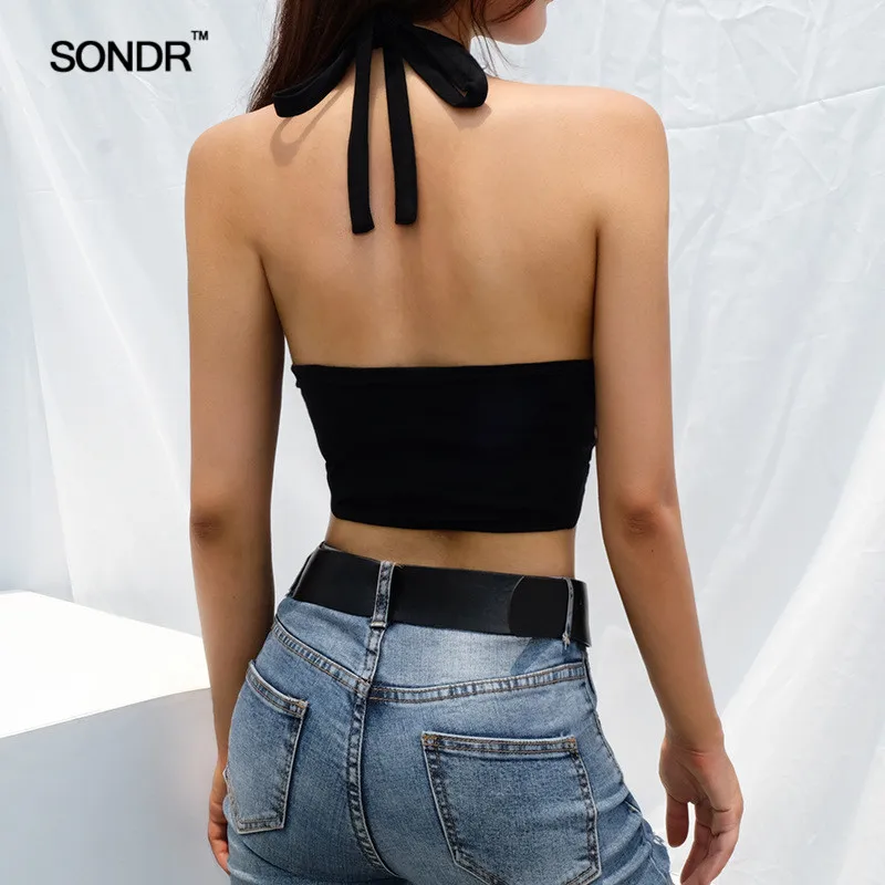 SONDR 2019 Black Halter Hollow Out Tank Top Women Black Backless Cropped Tank Tops Streetwear Sex Hang a neck tie belty SONDR 2019 Black Halter Hollow Out Tank Top Women Black Backless Cropped Tank Tops Streetwear Sex Hang a neck tie belty