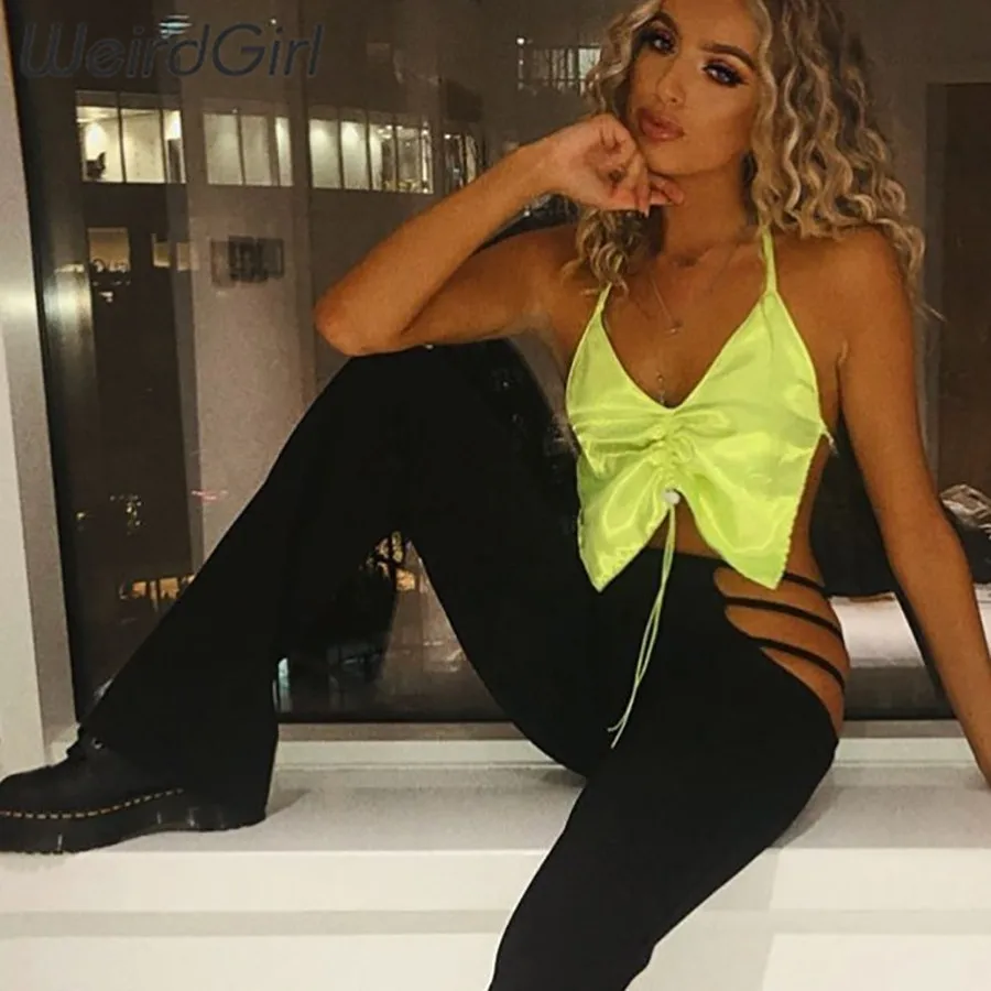 

Weirdgirl women sexy camis neon yellow v-neck backless halter femme tops crop tops summer cool vacation beach party club 2019