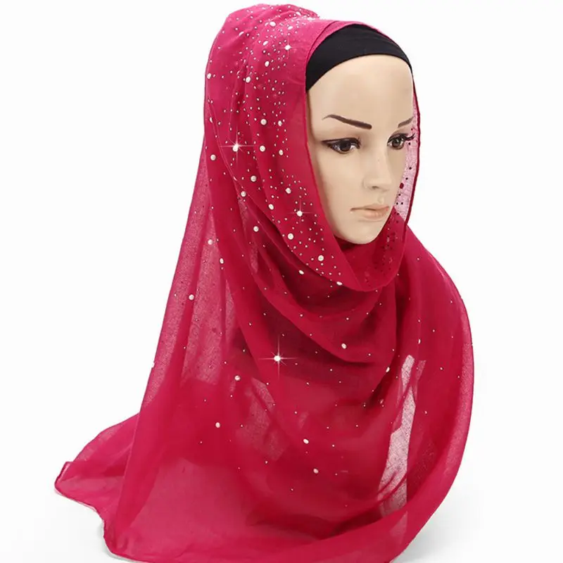 Женский модный шарф со складками из бисера, шаль, однотонный шарф с жемчугом мусульманский головной убор, хиджаб 75*180 см
