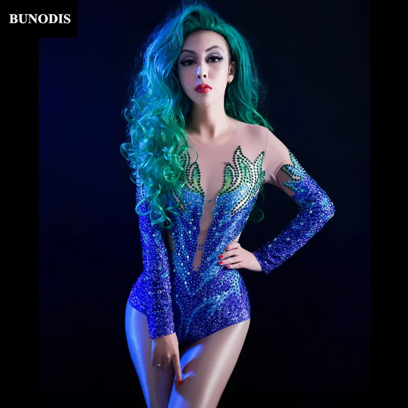 

ZD291 Women Sexy Net Yarn Bodysuit Full Colors Sparkling Crystals Jumpsuit Celebrate Nightclub Party Singer Dancer Stage Wear