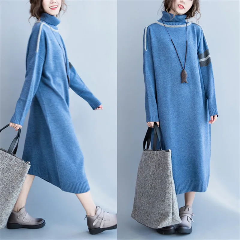 

2019 Winter women loose causal patchwork turtleneck sweater dress,plus size Fashion Autumn long warm dresses outwear dress