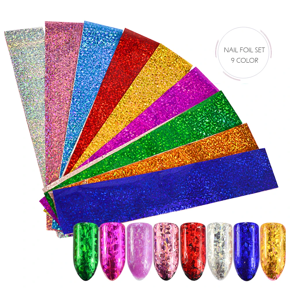 

9 Sheets Starry Sky Laser Nail Foils Colorful Shimmer Transfer Sticker DIY Holographic Nail Tips For Nail Art Decorations