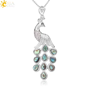 

CSJA Peacock Shape Pendant Water Drop Natural Abalone Shell Statement Pendants Necklace Zircon Charm Jewelry for Women Gift G024