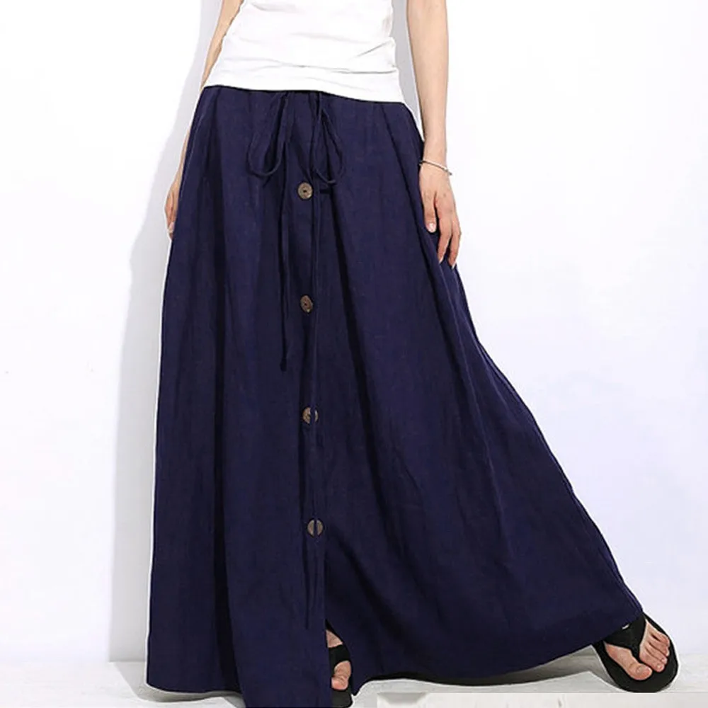 

Autumn winter women's elegant Women A-Line Elastic Waist Button Flare Full Length Long pleated skirts vestidos Maxi Skirt