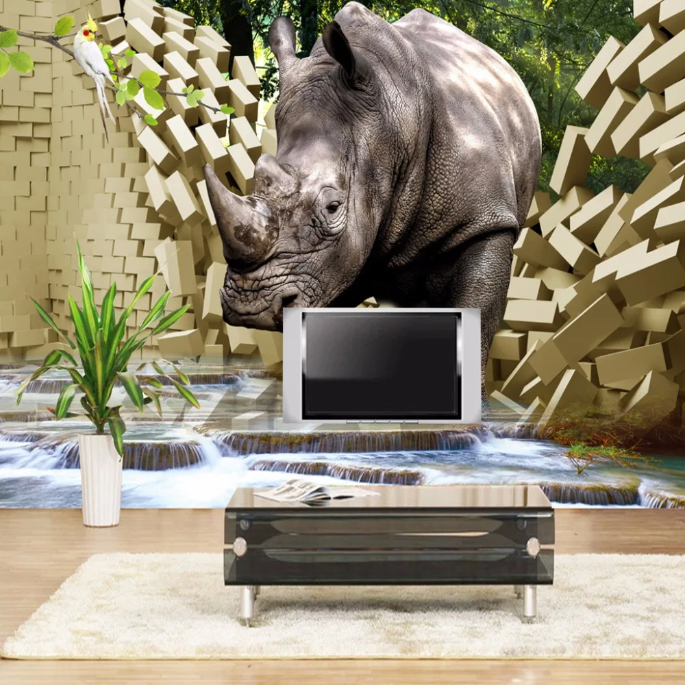 

beibehang ustom Large Mural Wall Paper 3D Stereo Rhino Broken Wall TV Background Photo Wallpaper Living Room Bedroom Non-woven