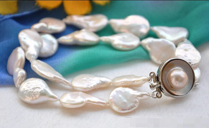 

free shipping 00908 2row 8" white coin FRESHWATER CULTURED pearl BRACELET