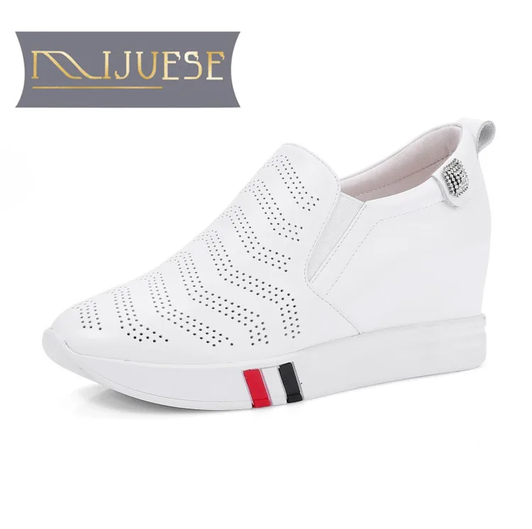 

MLJUESE 2018 women pumps cow leather white color increasing cutouts Breathable high heels pumps fashion sneakers summer shoes