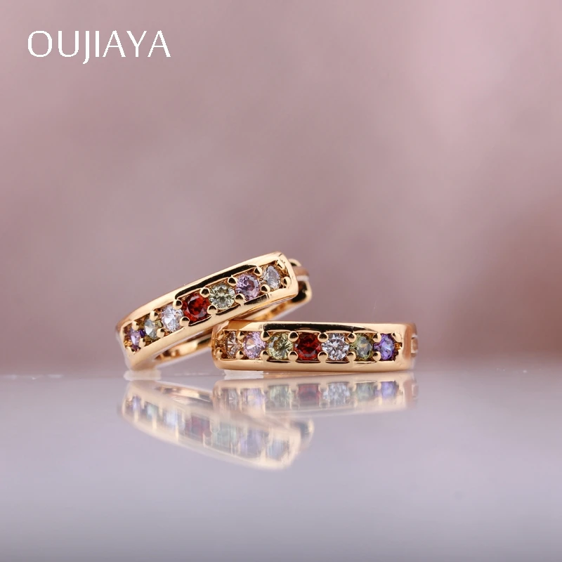 OUJIAYA, классические, 585, розовое золото, круглые висячие серьги, хорошее ювелирное изделие, многоцветный, натуральный циркон, для девушек, для свадебной вечеринки, глянцевые, А32