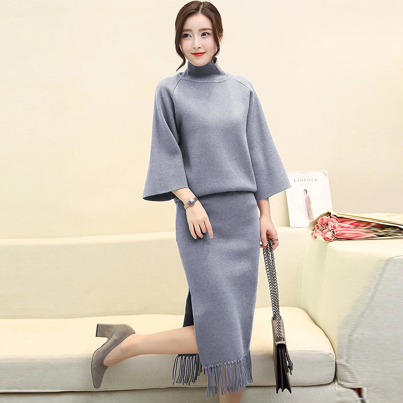 

CBAFU S-2XL tassel split knitted bodycon skirt suit women set solid color turtleneck sweater suit women 2 piece set autumn N888