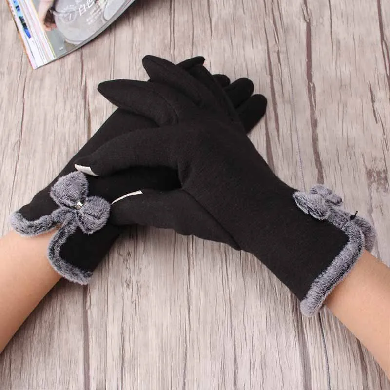 

Fashion Winter Warm Solid Velvet Gloves for Women Classic Thicken Bowknot Gloves Trendy Ladies Outdoor Elegant Wrist Gloves