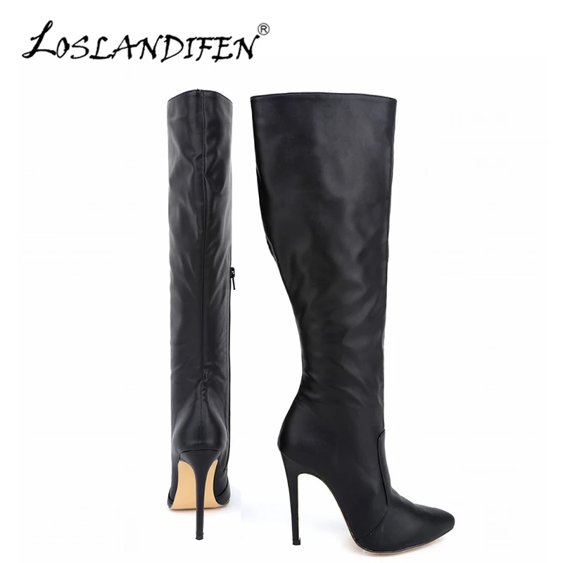 

LOSLANDIFEN Women's Winter Boots Fashion Pointed Matte Plush Knee-High Boot Wide Calf High Heels Woman Snow Warm Shoes 769-3MA