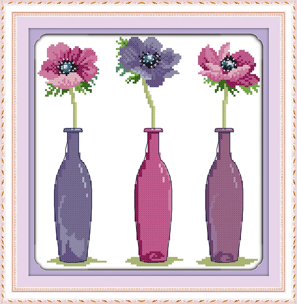 Three Flowers Pattern home painting counted or Stamped Cross Stitch kit