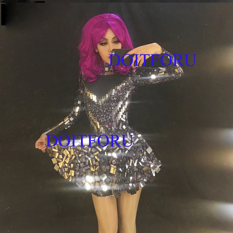 Black Swan Shining Black Mirrors Skirt Bodysuit Nightclub Celebrate Party Leotard Performance Singer Dancer Costume (7)