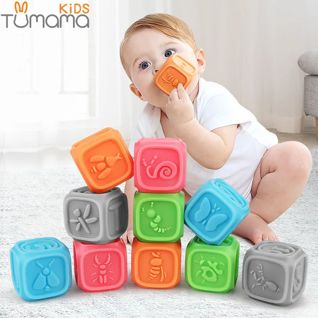 

10pcs/set Baby Grasp Toy Building Blocks 3D Touch Hand Soft Balls Baby Massage Rubber Teethers Squeeze Toy Bath Ball Toys