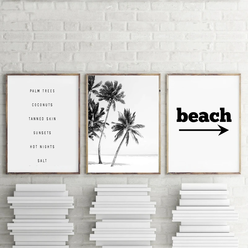 Черно-белый Пляжный Пейзаж, Картина на холсте, пальмовые плакаты с изображением деревьев и принтами, настенные картины для дома, гостиной, украшения стен