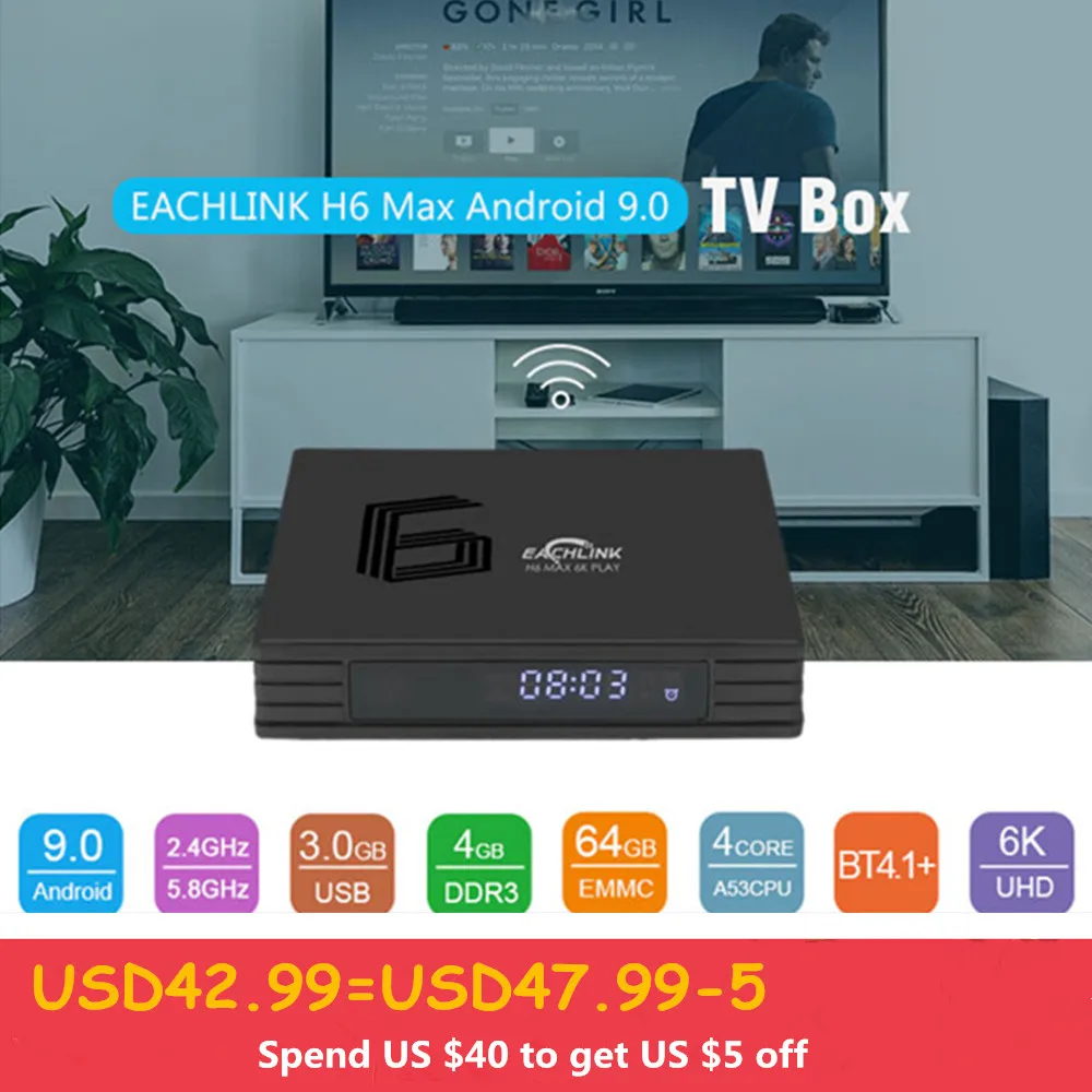 EACHLINK H6 Max Android 9.0 Smart TV Box Allwinner H6 4GB RAM 64GB ROM 2.4G+5.8G WiFi 100Mbps USB3.0 BT4.1 Set Top Box 6K H.265