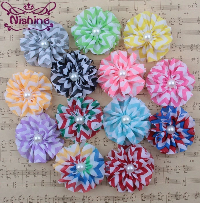 

Nishine 30pcs/lot 2.4" Stripe Chiffon Flower With Half Pearl Center For Girl Women Headband Hair Clip DIY Hair Accessories