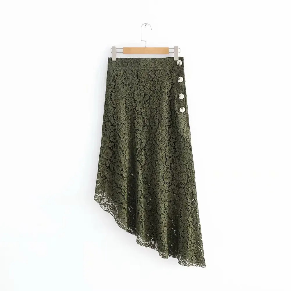 

2018 Women fashion buttons decoration lace hollow out pencil skirt faldas mujer ladies high waist irregular midi skirts QUN121