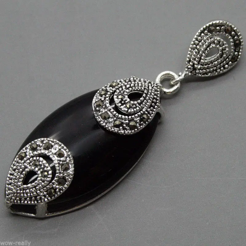 

Vintage 18mmX40mm Marcasite Black Agates 925 Sterling Silver Drop Pendant
