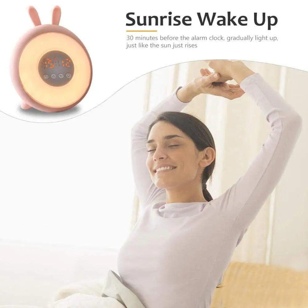 Пробуждение Световой будильник, детский ночник, время Банни будильник, моделирование восхода солнца и закат, USB порт зарядки