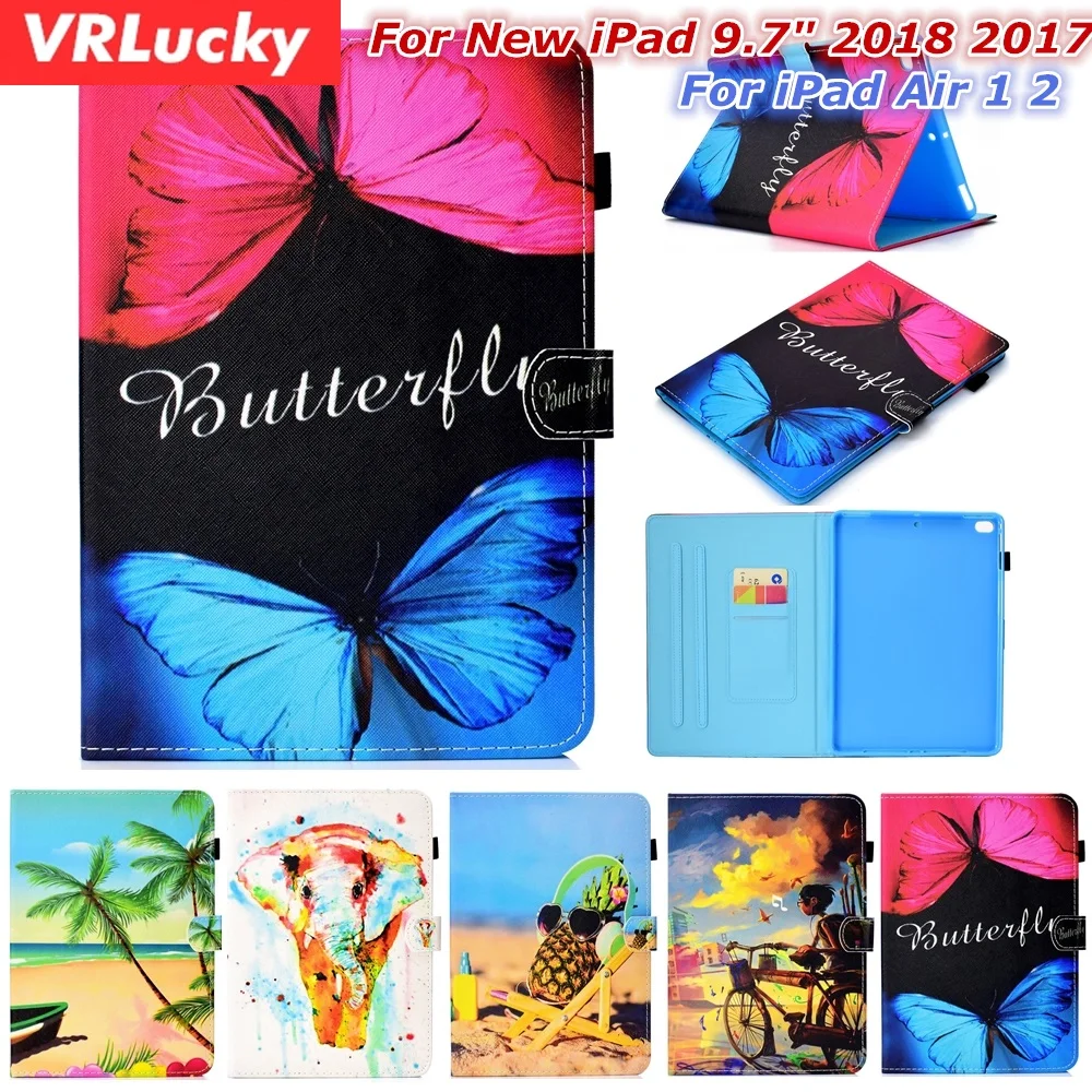 

VRLucky For iPad Air 1 2 For iPad 2018 2017 9.7 inch Case Butterfly Elephant Beach Pattern Flip and Stand PU Leather Cover