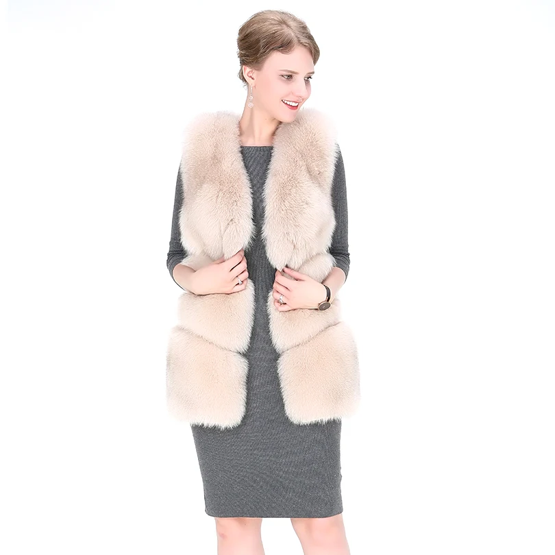 

Fashion Genuine Fox Fur Vest Women Outerwear Pleated Sleeveless Waistcoat Autumn Slim Solid Color Real Fox Skin Jackets Female