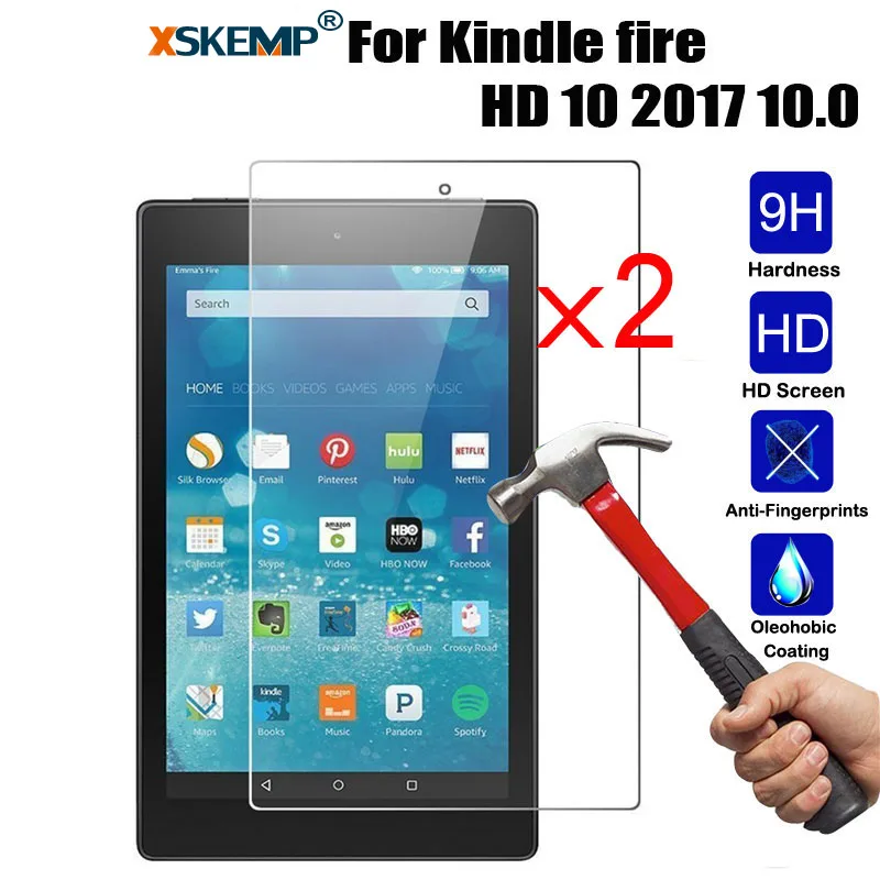 

XSKEMP 2Pcs/Lot 9H Premium Tempered Glass Screen Protector For Amazon Kindle fire HD 10 2017 10.0 Tablet Protective Glass Film