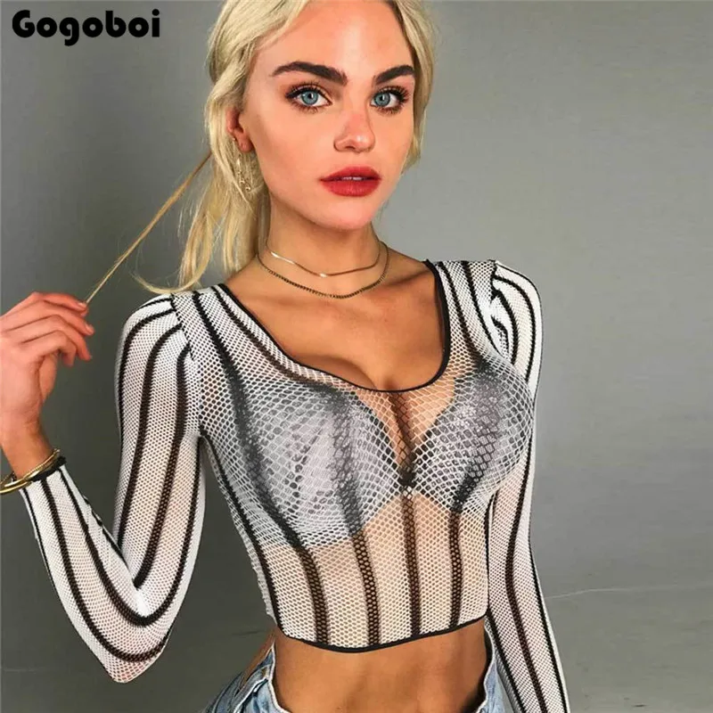 

Fashion Sexy Women Ladies Hollow Mesh Net T-Shirt Summer Long Sleeve Skinny Tee Tops Transparent Clubwear Crop Tops Clothes