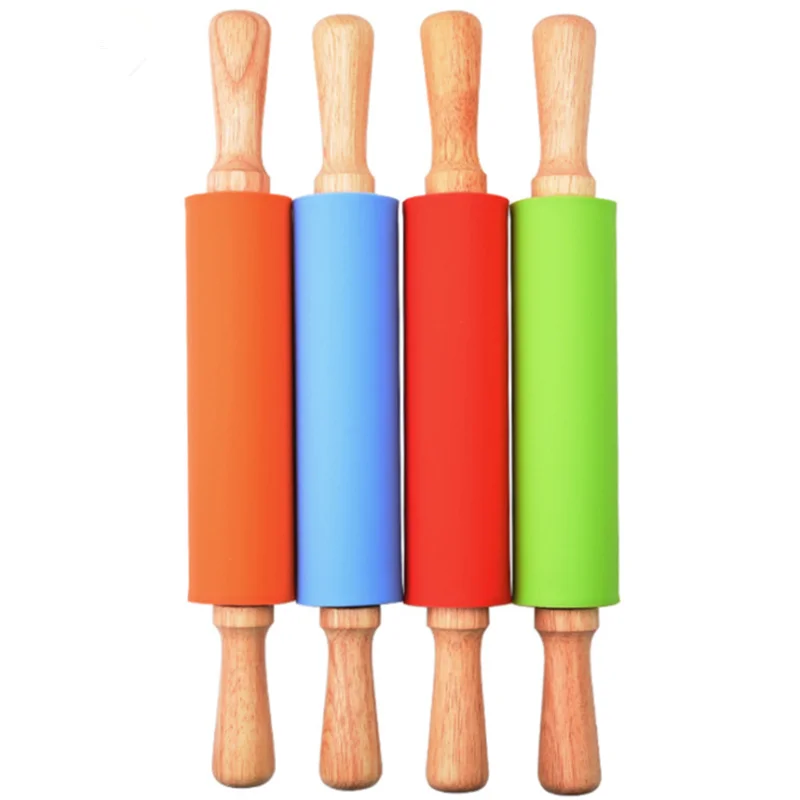 

38cm Silicone Nonstick Rolling Pin Wooden Handle Long Dough Roller