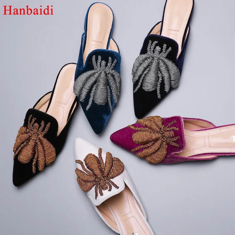 

Hanbaidi Pointed Toe embroidery Flat Slippers Velvet Embellished Cozy flip flop Outdoor Creppers Spider mules beach Shoes Women