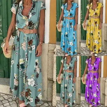 

Short Sleeve Button Floral Printed Dress 2019 Summer Boho Beach Dresses Women Casual Evening Party Maxi Dress Vestidos