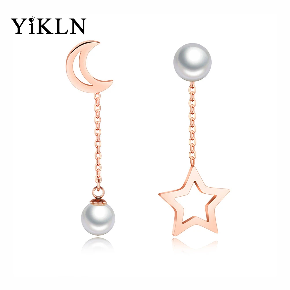 

YiKLN Hollow Star Moon Asymmetrical Long Earrings Rose Gold Color Simulated Pearl Earrings Jewelry For Women Pendientes YOGE399
