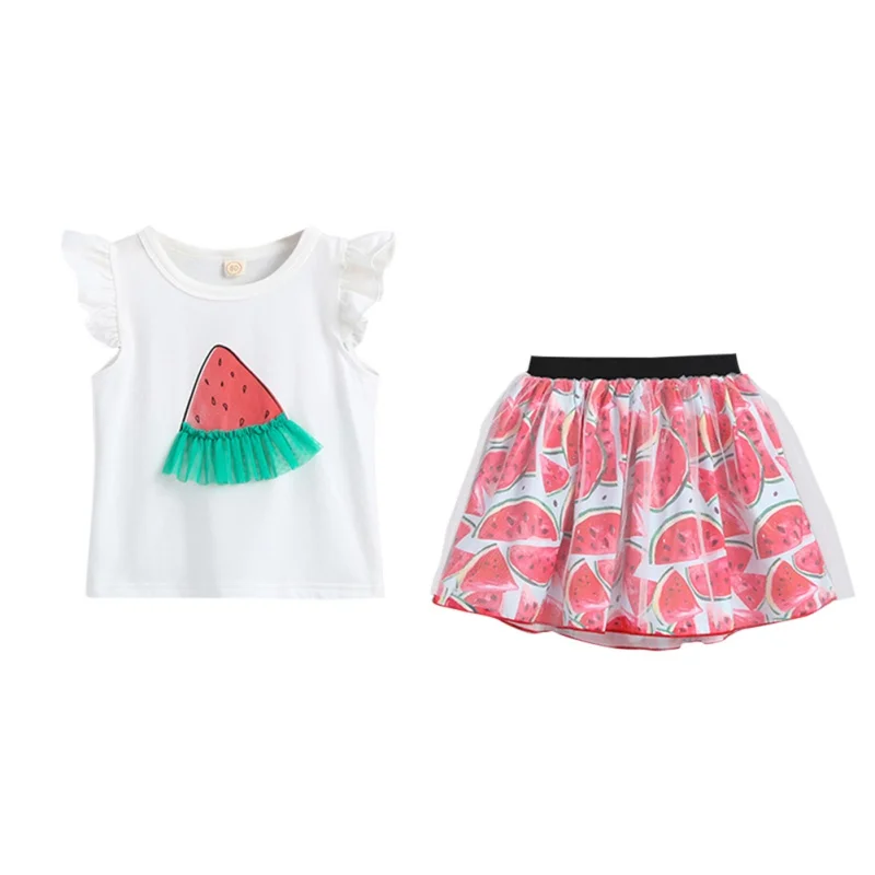 

O-Neck Pullover Cute Cotton Summer Casual Baby Girl Floral Printing Top And Mesh Princess Skirt Kids Two-piece Outfit Set