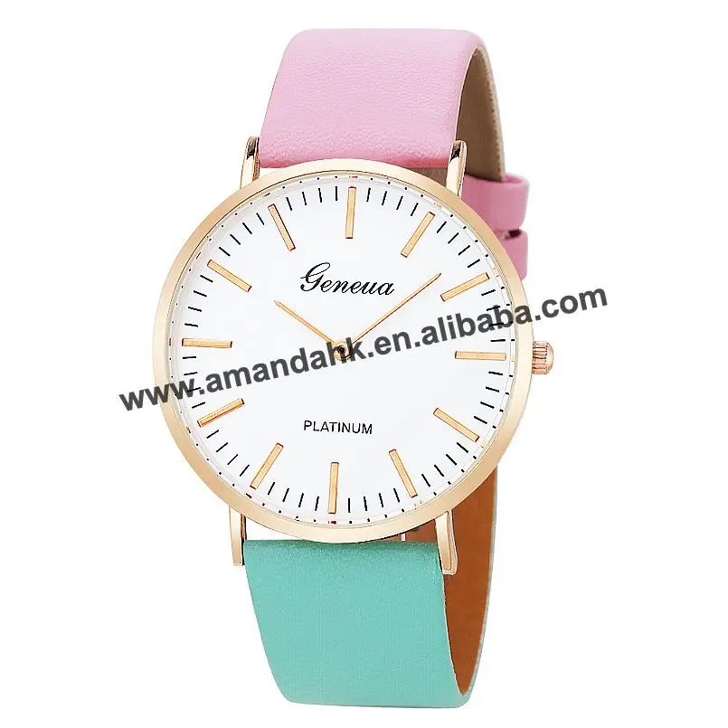 

Wholeslae Women Fashion Leather Watches Sugar Color Simple Women Quartz Watch Geneva Two Color Strap Rose Gold Watches 8404