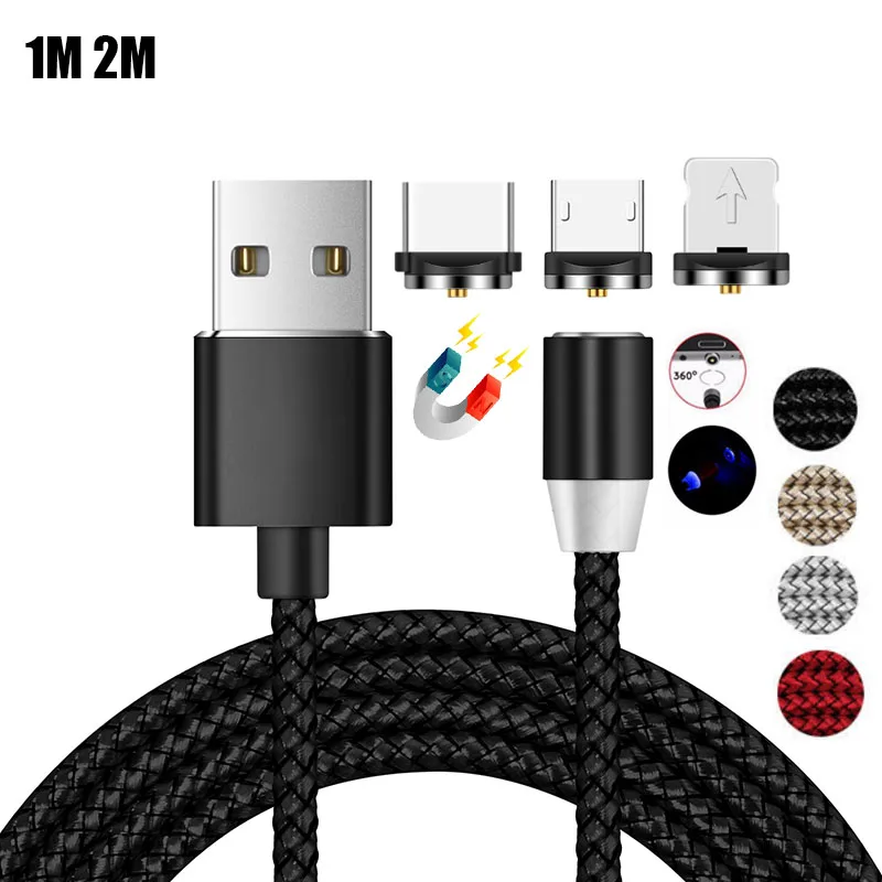 1m 360 Round LED USB Type C Micro USB IOS Magnetic Cable USB C Fast Charger