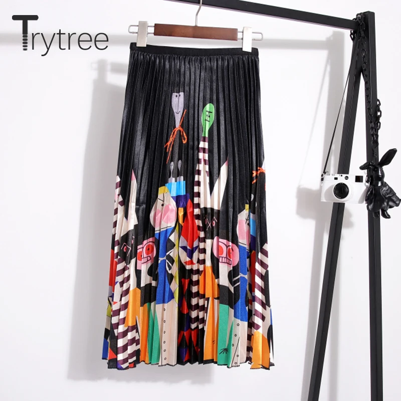 

Trytree Summer Autumn Pleated Skirt Womens Print Cartoon Skirt Mid-Calf Elastic Waist Skirts A-Line High Street Skirt Female