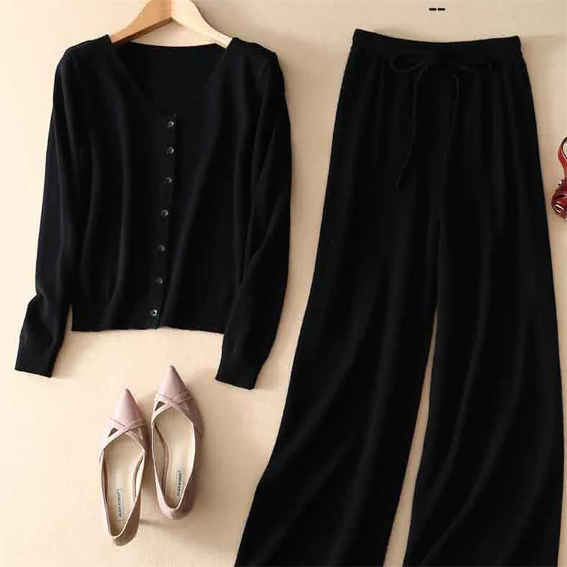 Весенний и осенний Модный комплект женский тонкий кардиган с длинным рукавом кашемировый вязаный широкие брюки комплект из двух предметов - Цвет: Черный